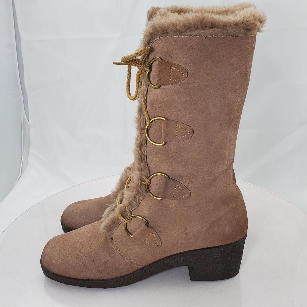 Vintage Shearling Boots Women 9 Brown Fur Trim D Ring Chunky Block Heel 68849
